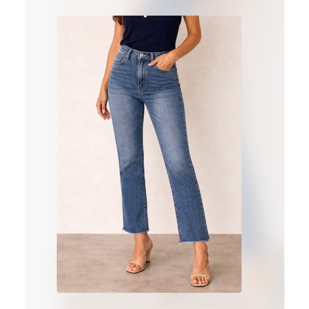 Pilcro Jeans Womens 26 Blue Slim Straight Raw Hem Distressed Denim Medium Wash